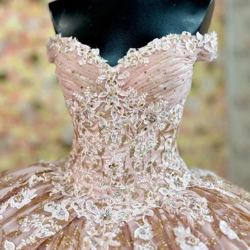 Elegant Pink Sweetheart Applique Sequin Sweet 16 Quinceanera A-Line Tulle Floor-length Prom Dress Birthday Dress Evening Dress Ball Gown HZ1024