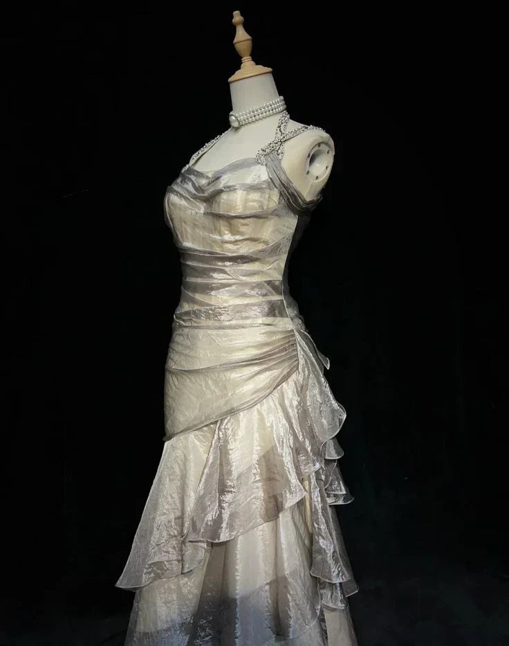 Vintage Silvery A-Line Prom Dress Long Ruffle Evening Dress Spaghetti Strap Tiered Formal Dress HZ1024