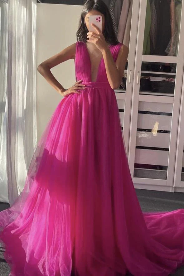 Sexy Deep V Neck Tulle Long Prom Dress A Line Party Evening Dress cc1834