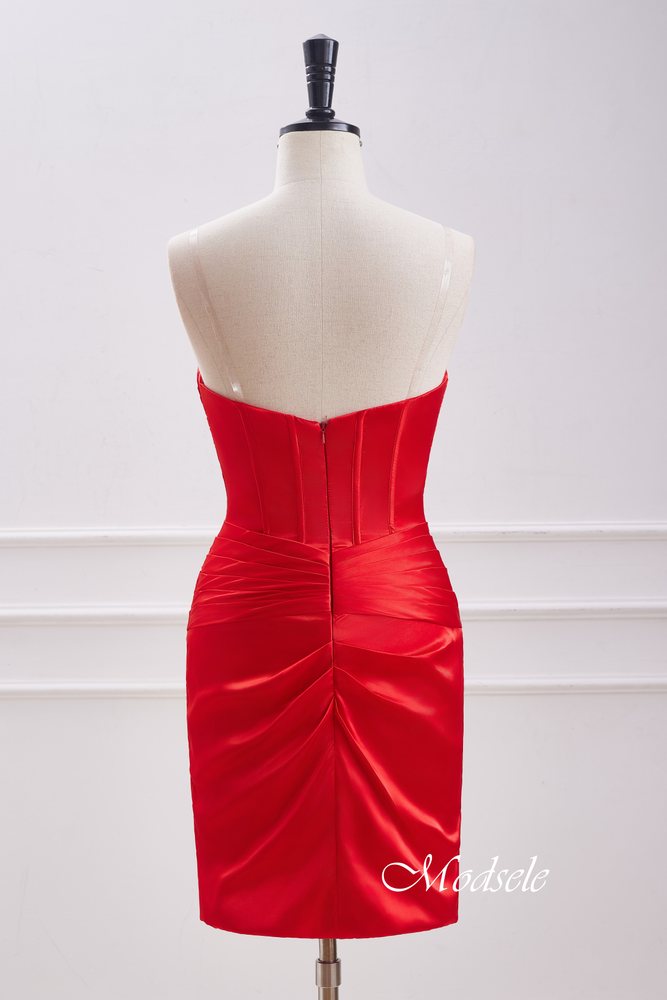 Red Strapless Keyhole Satin Sleeveless Bodycon Homecoming Dress