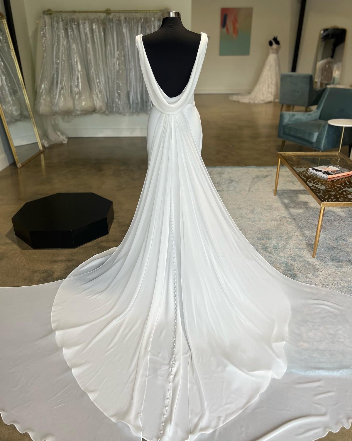 White Cowl Neck Open Back Mermaid Long Wedding Dress