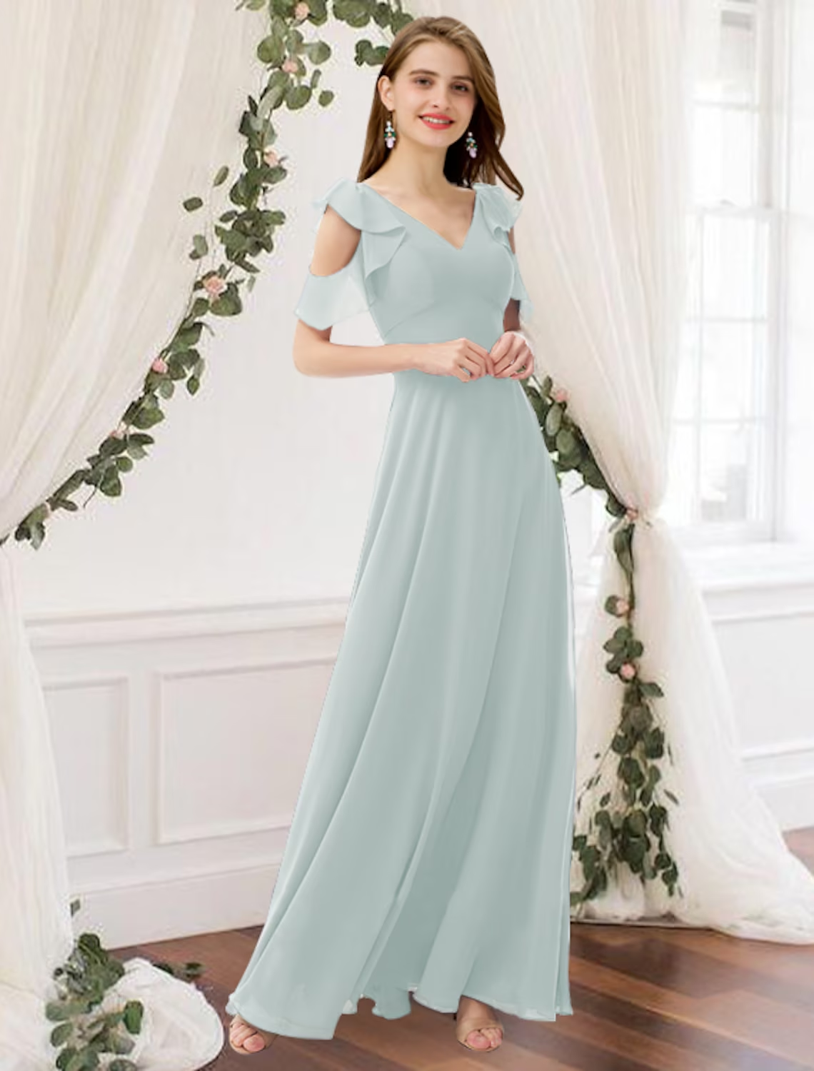 A-Line Bridesmaid Dress V Neck Sleeveless Elegant Floor Length Chiffon with Pleats Ruffles