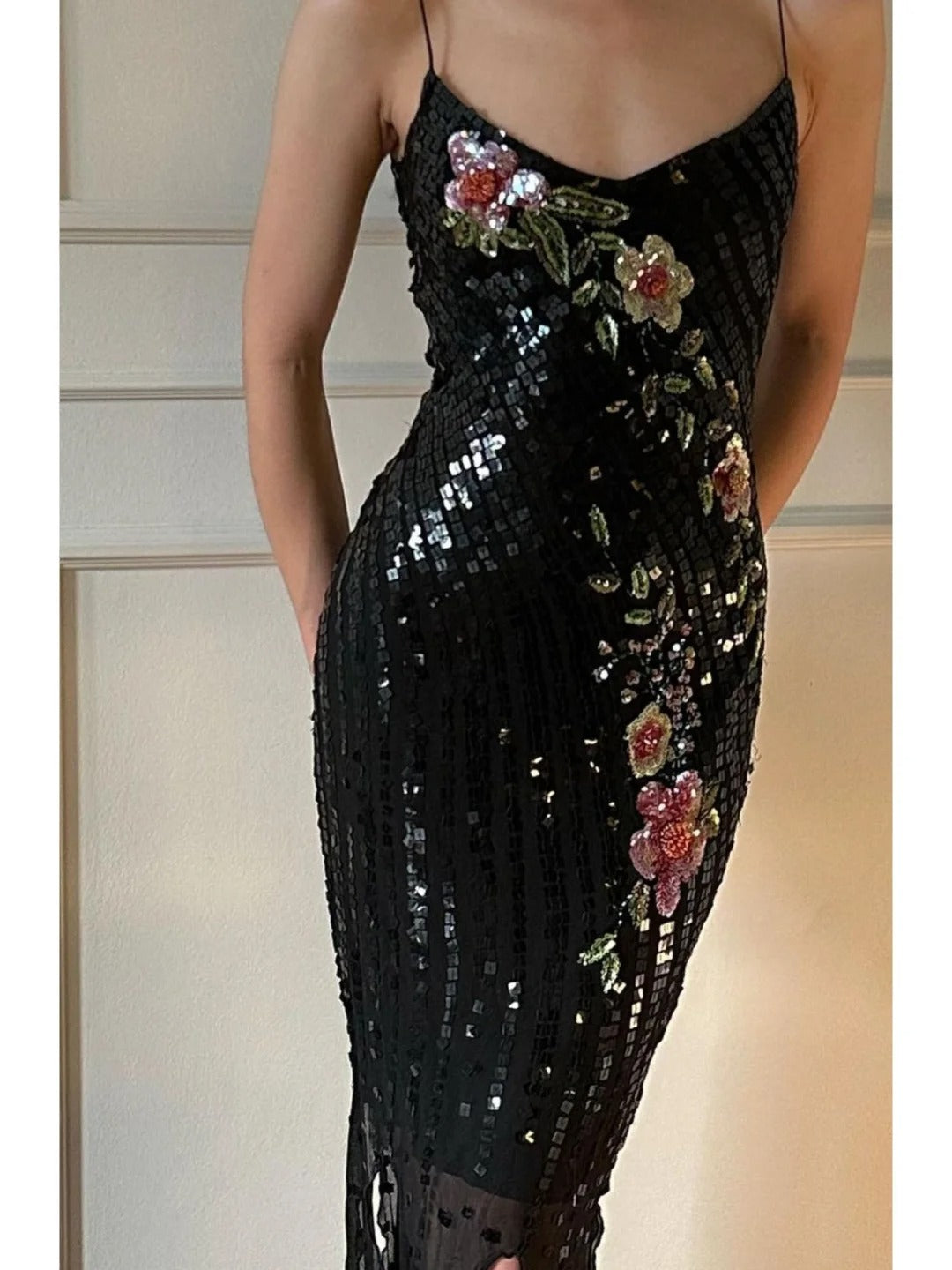 Retro Black Mermaid Deep V Halter Sequined Long Prom Dress Evening Dress cc5333