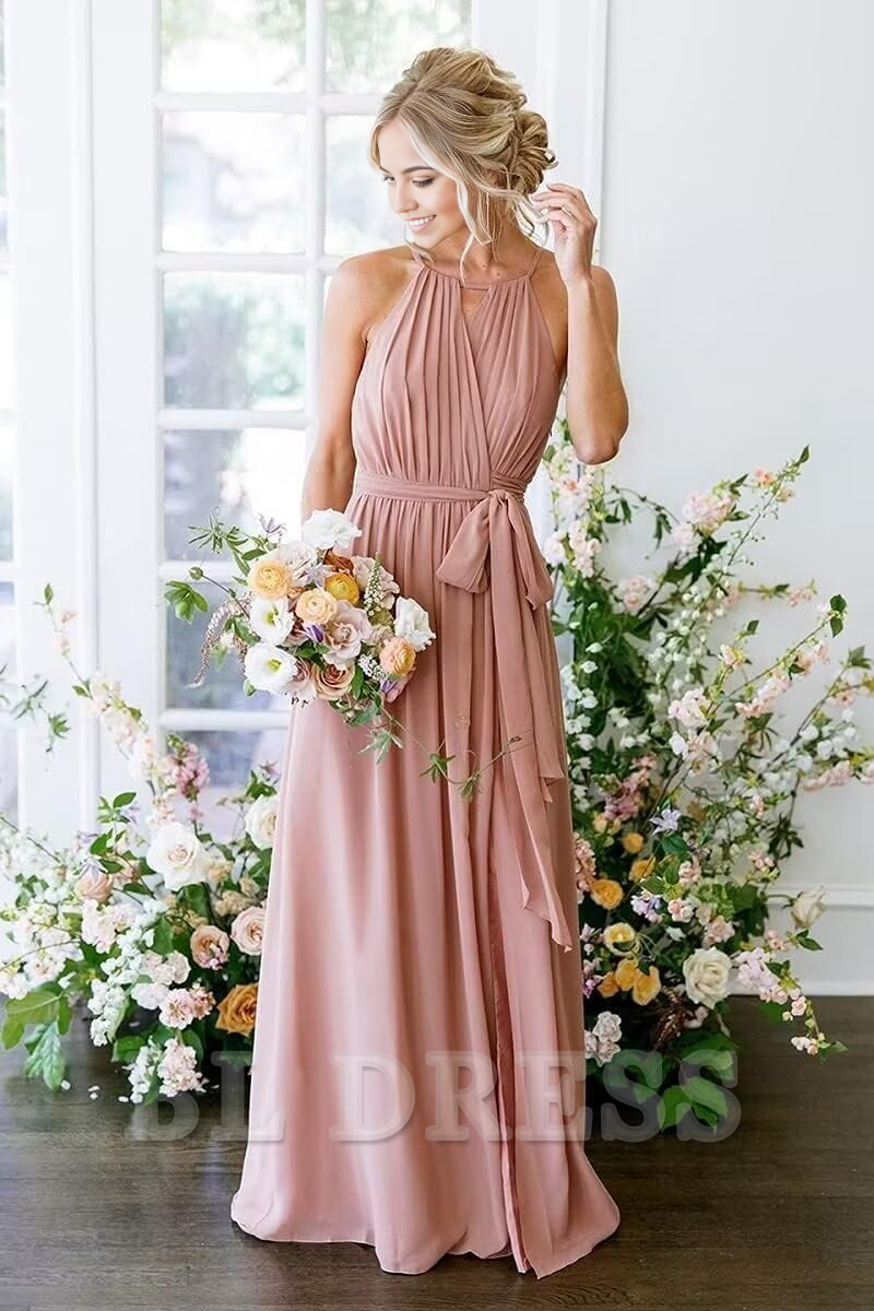 A Line Halter Chiffon Wrap Slit Pleated formal dresses Bridesmaid Dresses evening gown Prom Dress