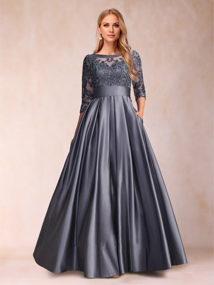 A-shaped princess landing length 3/4 sleeves low round mother of the bride dress