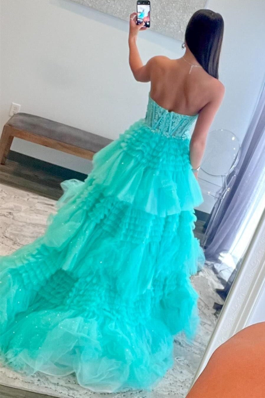 Strapless Tulle Sweetheart Tiered A-Line Long Prom Dress with Ruffles