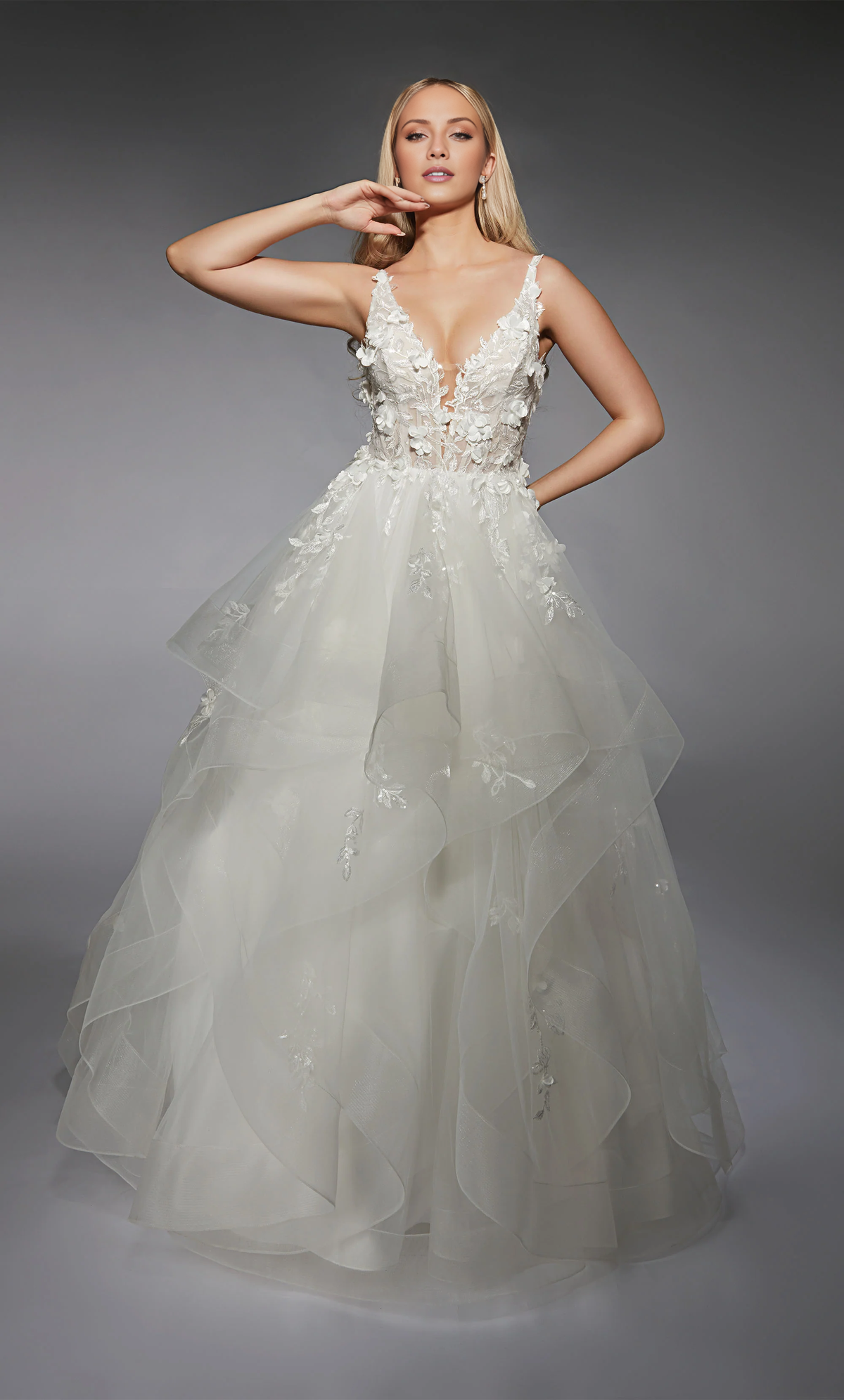 Chiffon lace deep V-neck backless 3D floral lace applique ruffle edge wedding dress