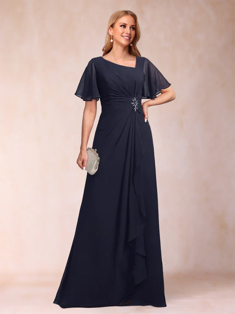 A-line princess floor length short sleeved V-neck mother of the bride dress