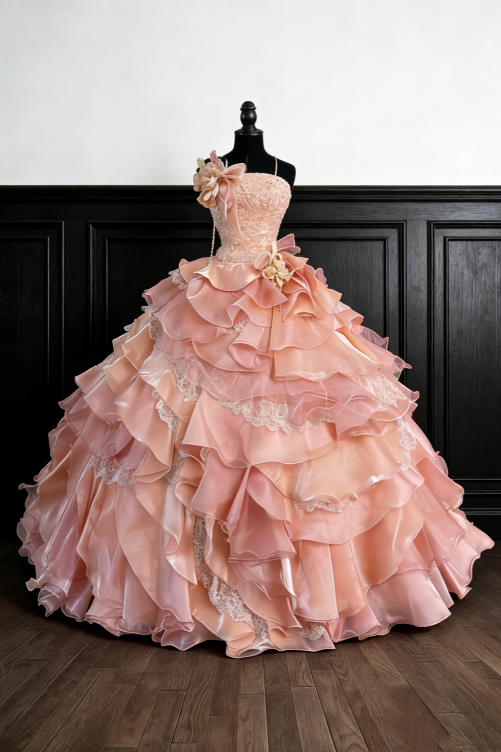 Peach Pink Layered Wave Strapless Beaded Ball Gown gh6925