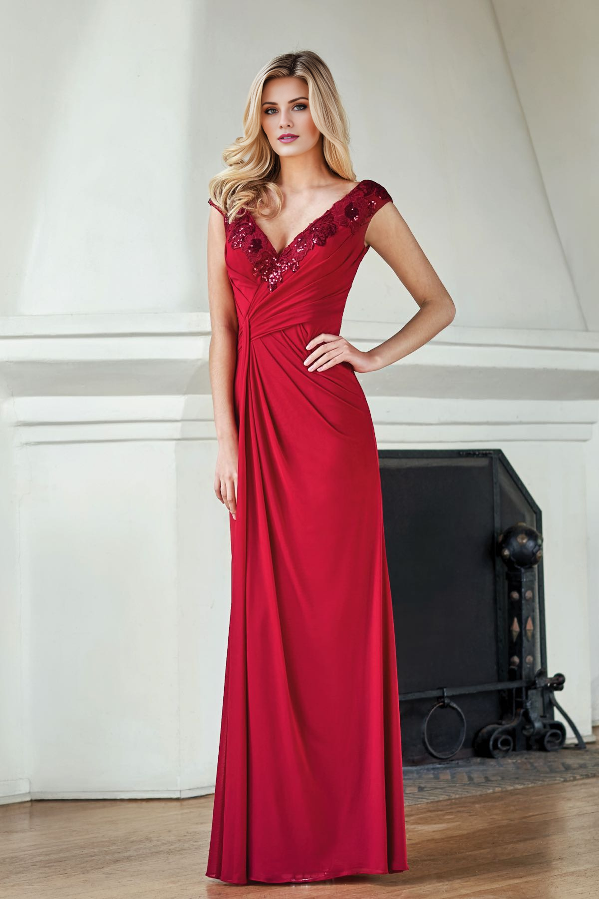 V-neck sequined lace and floor length mother of the bride dress