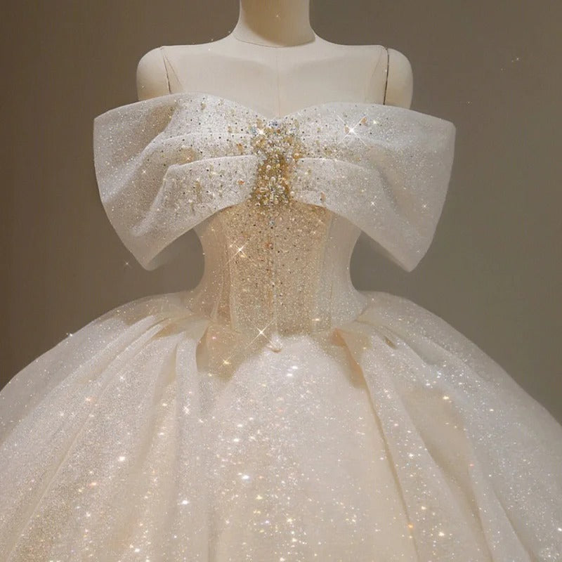 Girlhomeshops-White Sparkling Gorgeous Off Shoulder Bow Starry Bead Decoration and Ground Formal Ball Dress Lace Dress Exquisite Wedding Dress gh5312