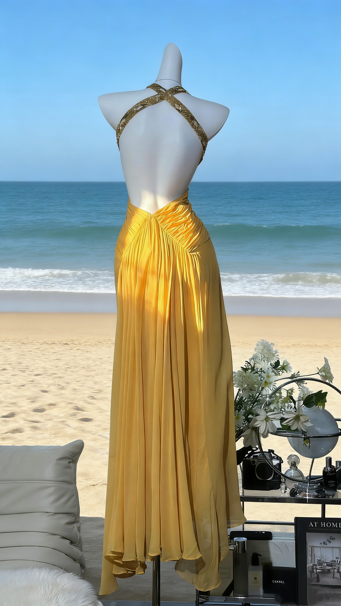 Bright Yellow Satin Halter Gown - Sequin Embellished Backless Slim Evening/Red Carpet/Summer Party Maxi Dress gh6984