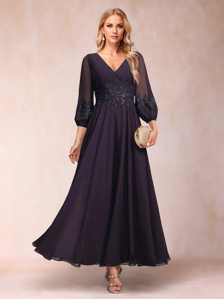 A-line princess and ankle 3/4 sleeve V-neck mother of the bride dress