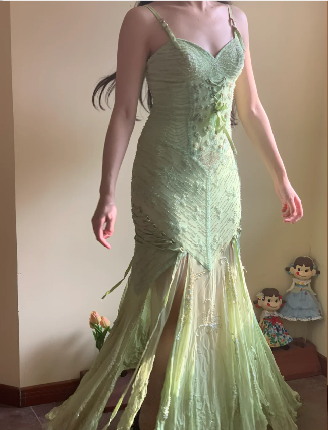 Beautiful Green Mermaid Beaded Embroidered Strappy Slit Chiffon Long Prom Dress Evening Dress cc5354