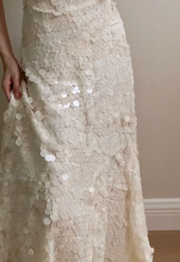 Chic Ivory Fitted Spaghetti Strap Sequined Long Prom Dress Evening Dress Bridesmaid Dress cc5361