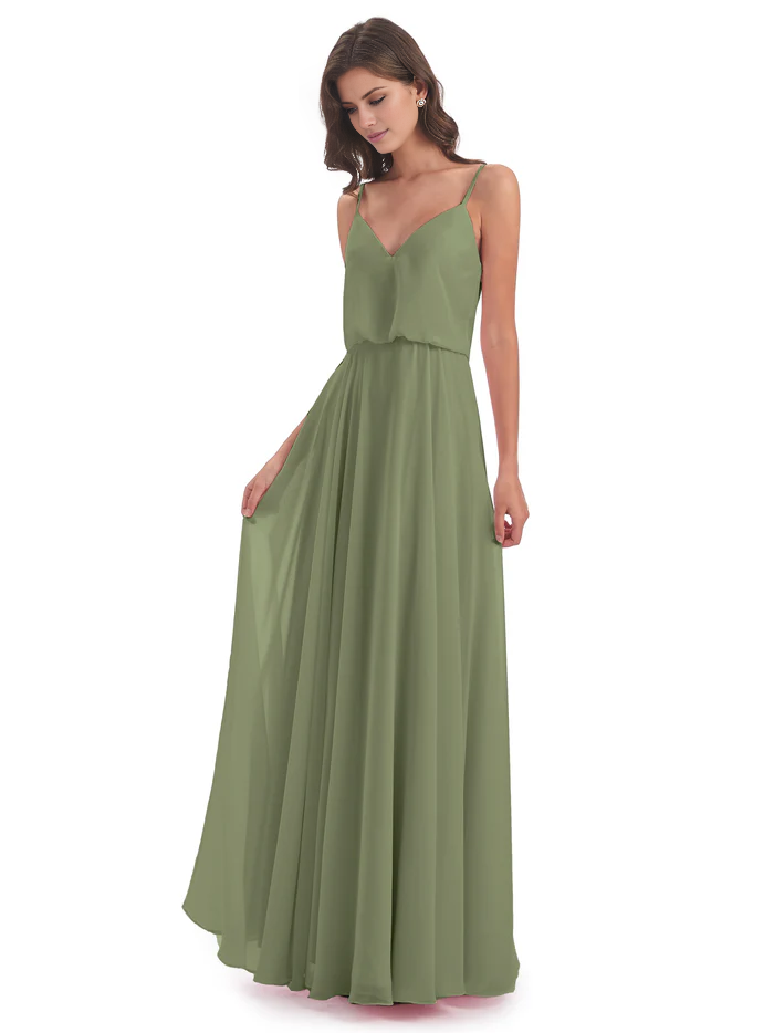 Simple slim shoulder chiffon and floor length bridesmaid dress