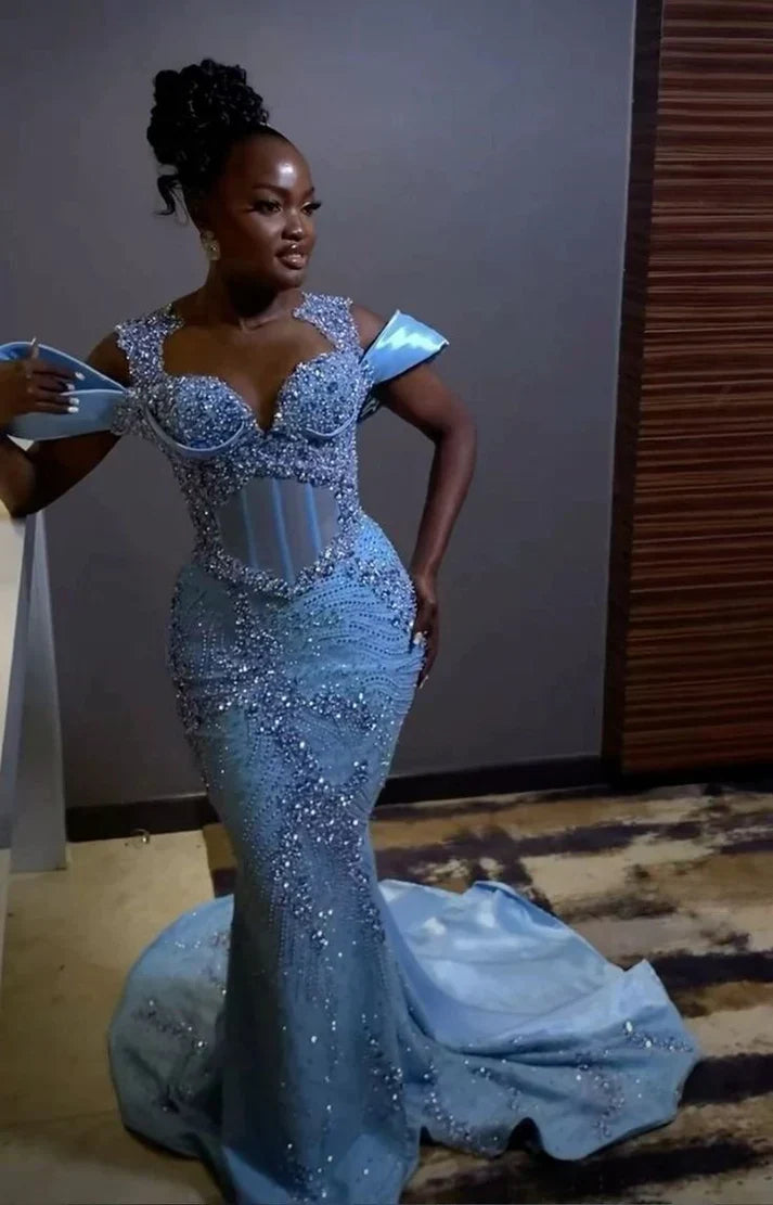 Gorgeous Sky Blue Beaded Prom Dress Long Sweetheart Evening Dress Mermaid Formal Dress HZ1024