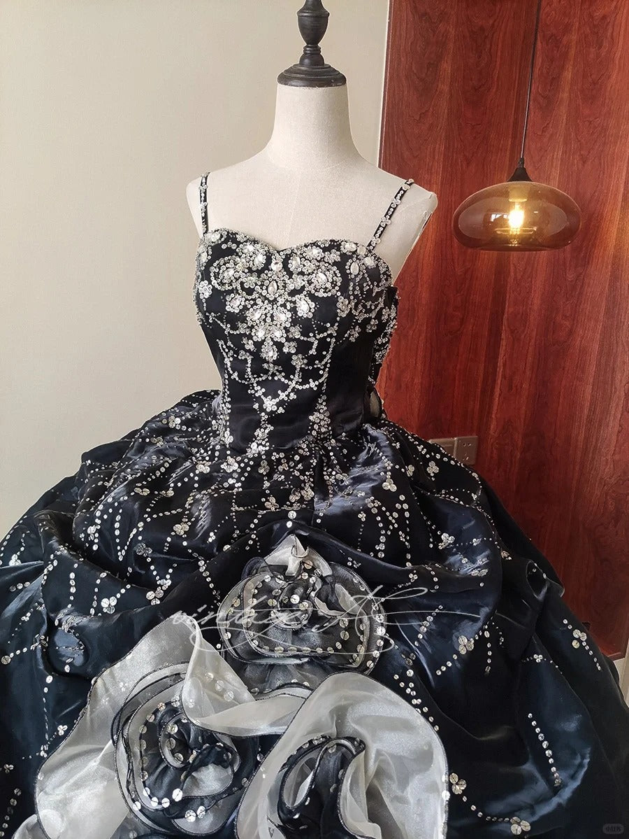 Girlhomeshops-Black and white Quinceanera Dresses, gorgeous beaded long tulle black swan dress, ball gowns, princess adult dress, 16-year-old dress gh5291