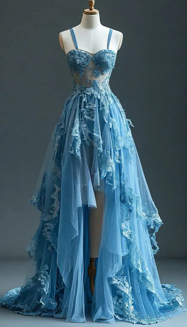 Vintage Blue Tulle Lace Applique Long Prom Dress Spaghetti Strap Party Evening Dress cc2433