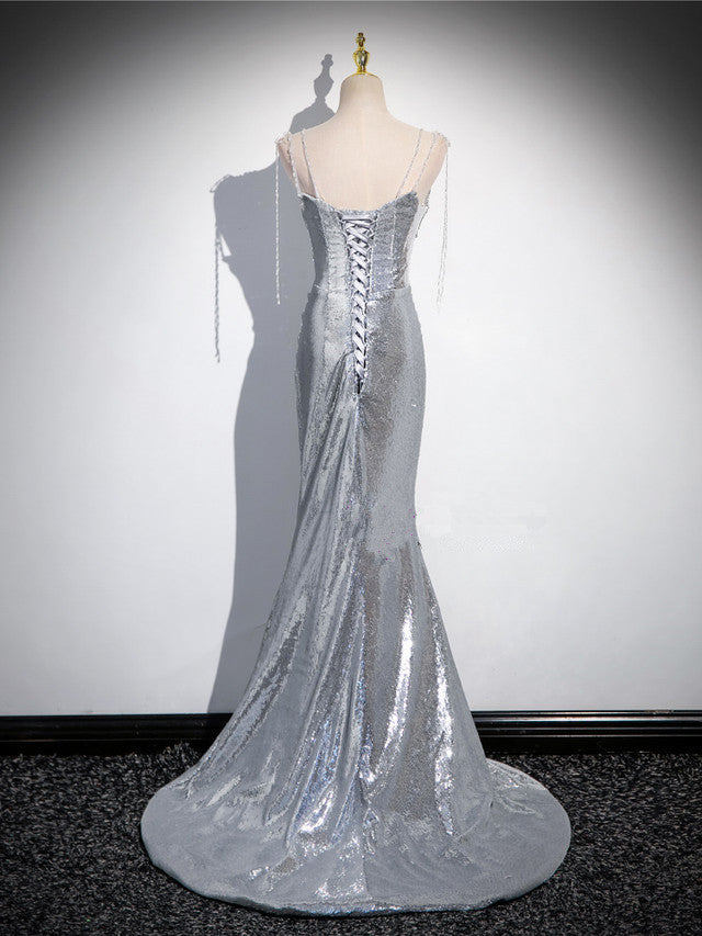Charming Silver Mermaid Sequins Spaghetti Straps Pleated Prom Dress Long Party Dress cc1556