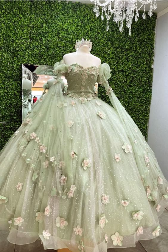 Gorgeous Mint Green Sweetheart 3D Flowers Applique Sweet 16 Quinceanera A-Line Tulle Floor-length Prom Dress Birthday Dress Evening Dress Ball Gown HZ1024