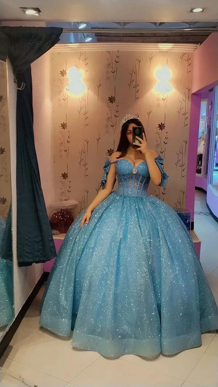 Elegant Blue Sweetheart Off-the-shoulder Sweet 16 Quinceanera A-Line Floor-length Prom Dress Birthday Dress Evening Dress Ball Gown HZ1024