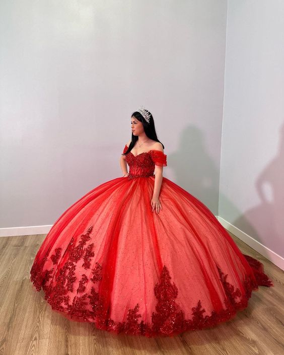 Gorgeous Red Applique Beaded Sweetheart Off-the-shoulder Sweet 16 Quinceanera A-Line Tulle Floor-length Prom Dress Birthday Dress Evening Dress Ball Gown HZ1024
