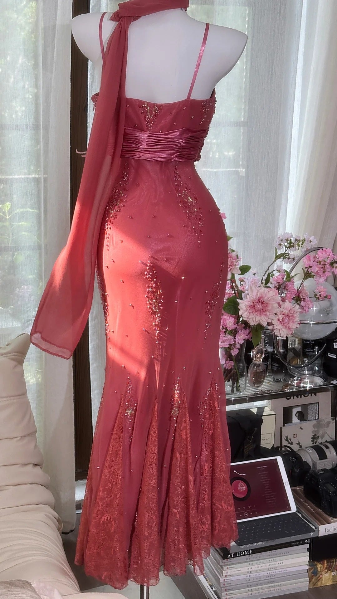 Vintage Rose - Dusty Rose Beaded Cami Mermaid Gown with Sash, Lace Socialite Party Dress gh7069