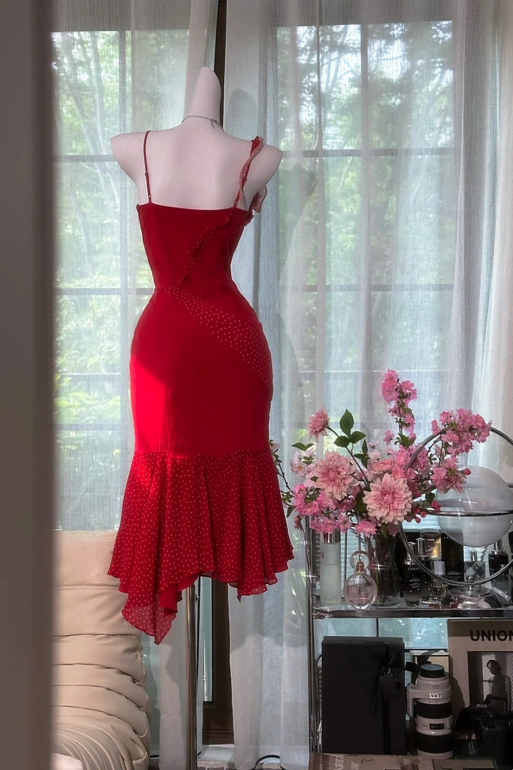 Red Rose Dream - 3D Floral Spaghetti Strap Mermaid Dress, Asymmetric Ruffle Date Night Maxi Dress gh7090