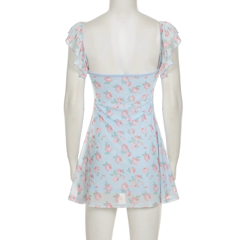 Cute Light Blue Floral Square-neck A-Line Short Summer Dresses Party Dress Homecoming Dress HZ1024