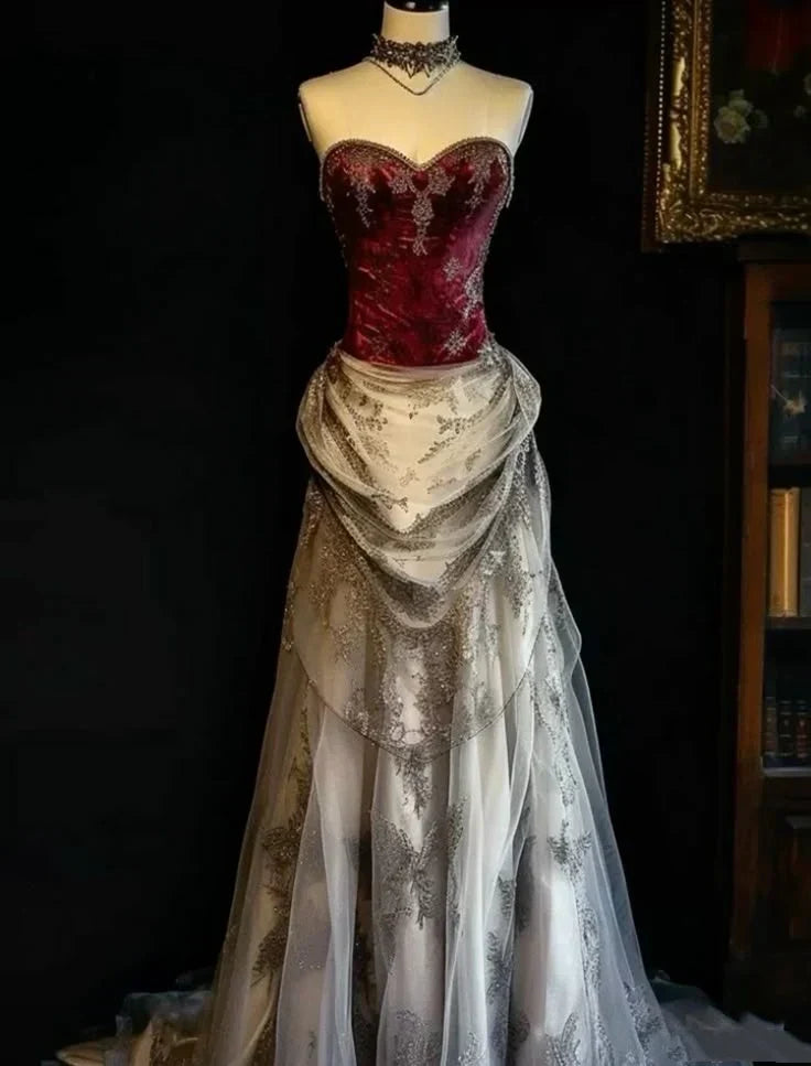 Vintage Applique Sweetheart Design Elegant A-Line Satin Tulle Evening Dress Prom Dress HZ1024