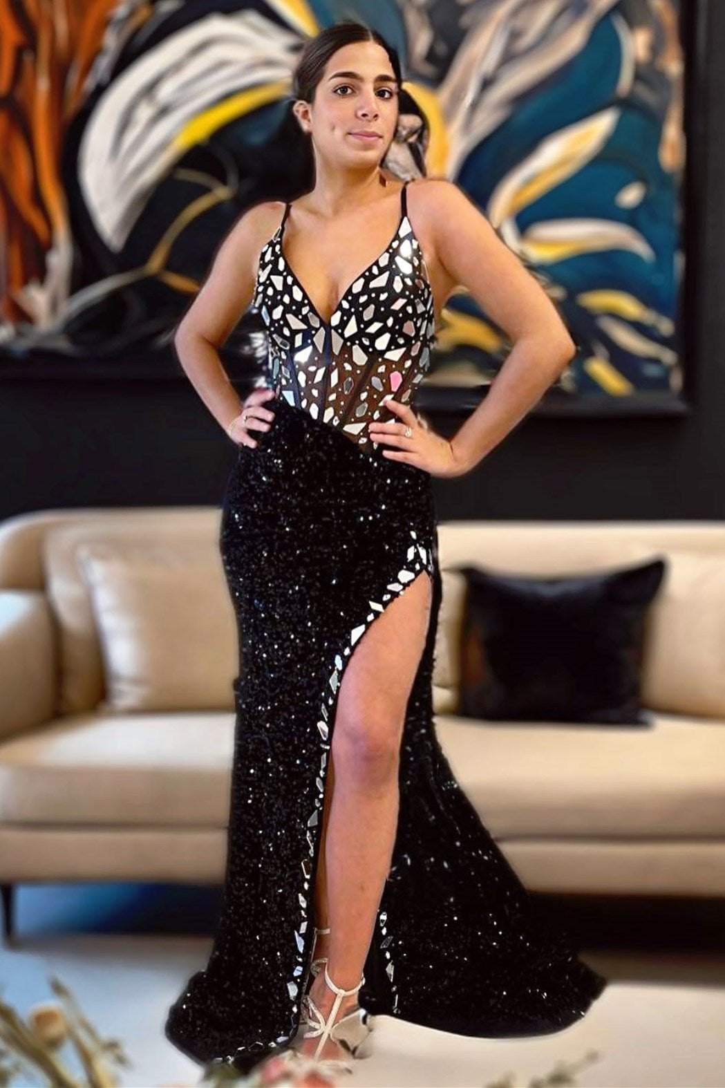 Green Sequin V-Neck Long Prom Dress with Cut Glass Mirrors
