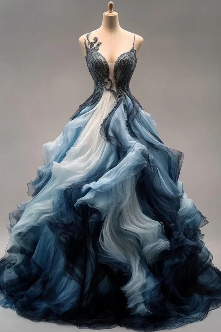 Vintage Ombre A-Line Prom Dress Spaghetti Strap Evening Dress Long Formal Dress HZ1024