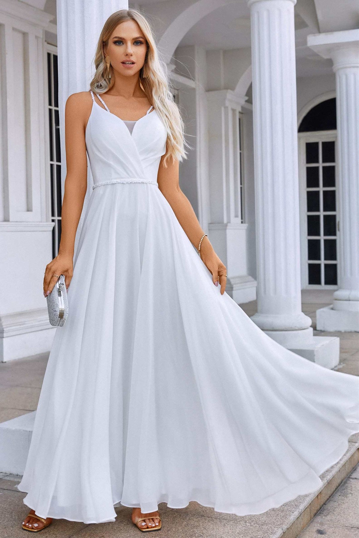 White Chiffon Surplice Neck A-Line Long Dress with Spaghetti Straps