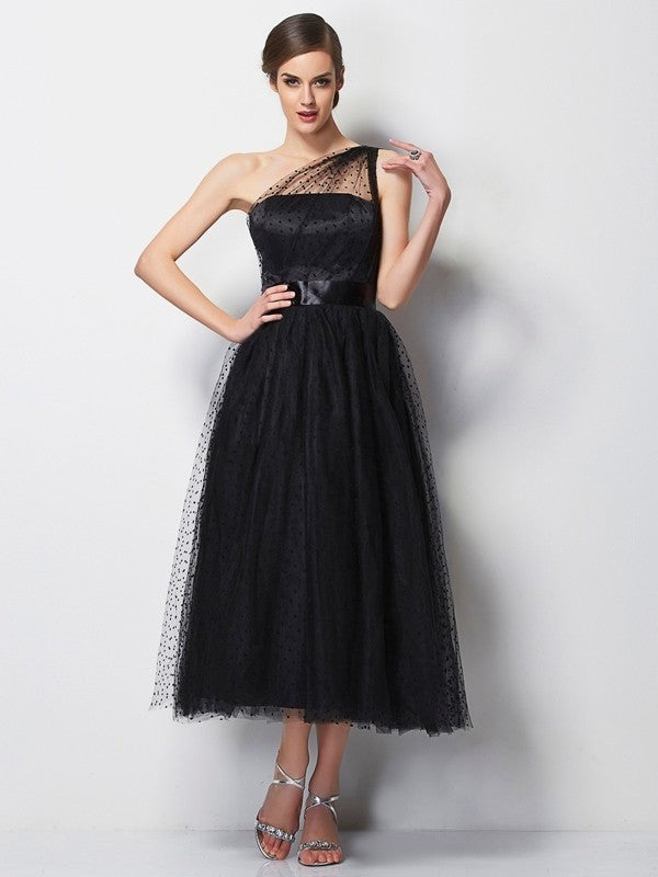 A-Line Woven Satin One-Shoulder Sleeveless Tea-Length With Pleats Bridesmaid Dresses