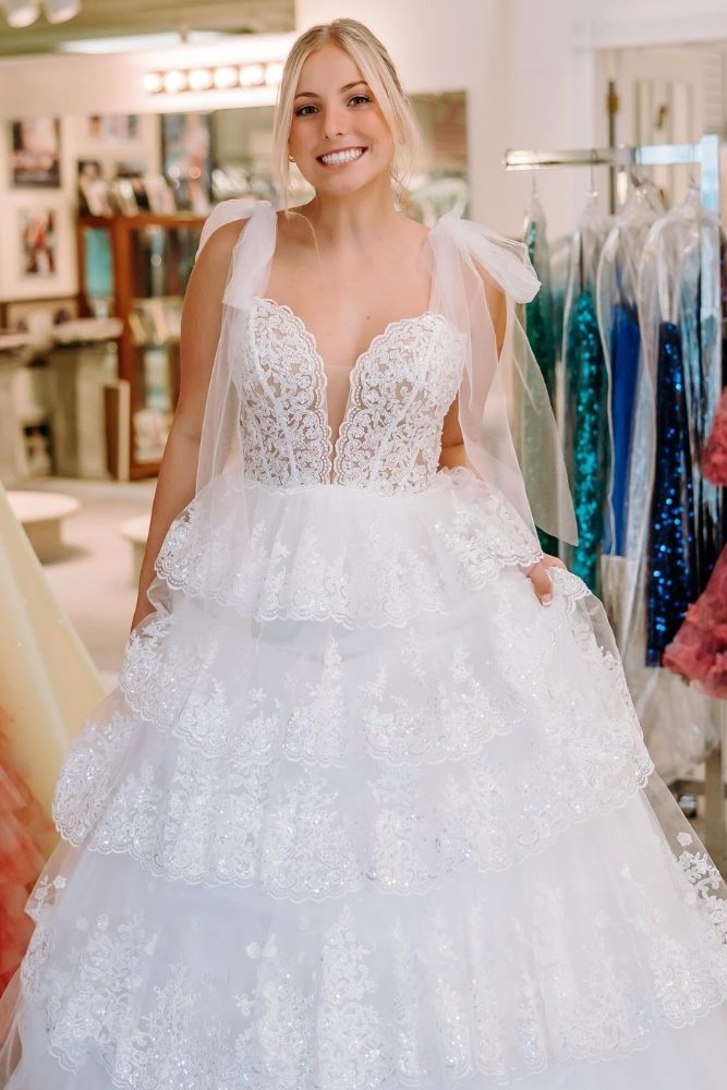 Light Blue Tulle Appliques Tying Strap Ruffle Tiered Long Prom Dress