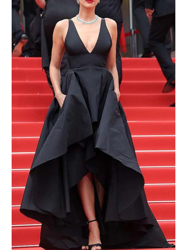 High Low V Neck Black Prom Dresses with Pocket Satin vening Dresses