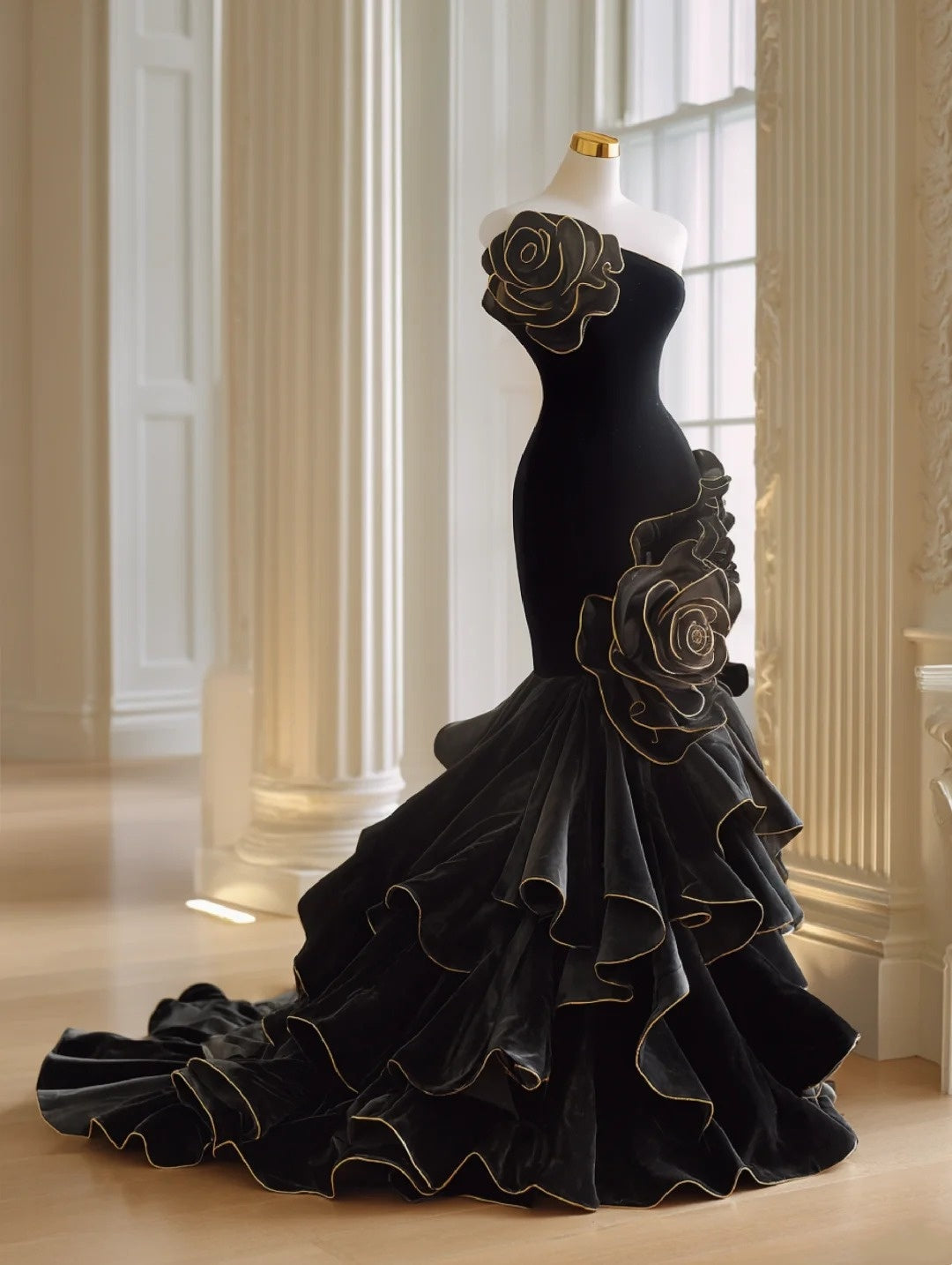 Elegant Prom Dress Black Strapless Ruffle Mermaid Formal Dresses Evening Dress Gala Gown HZ0319