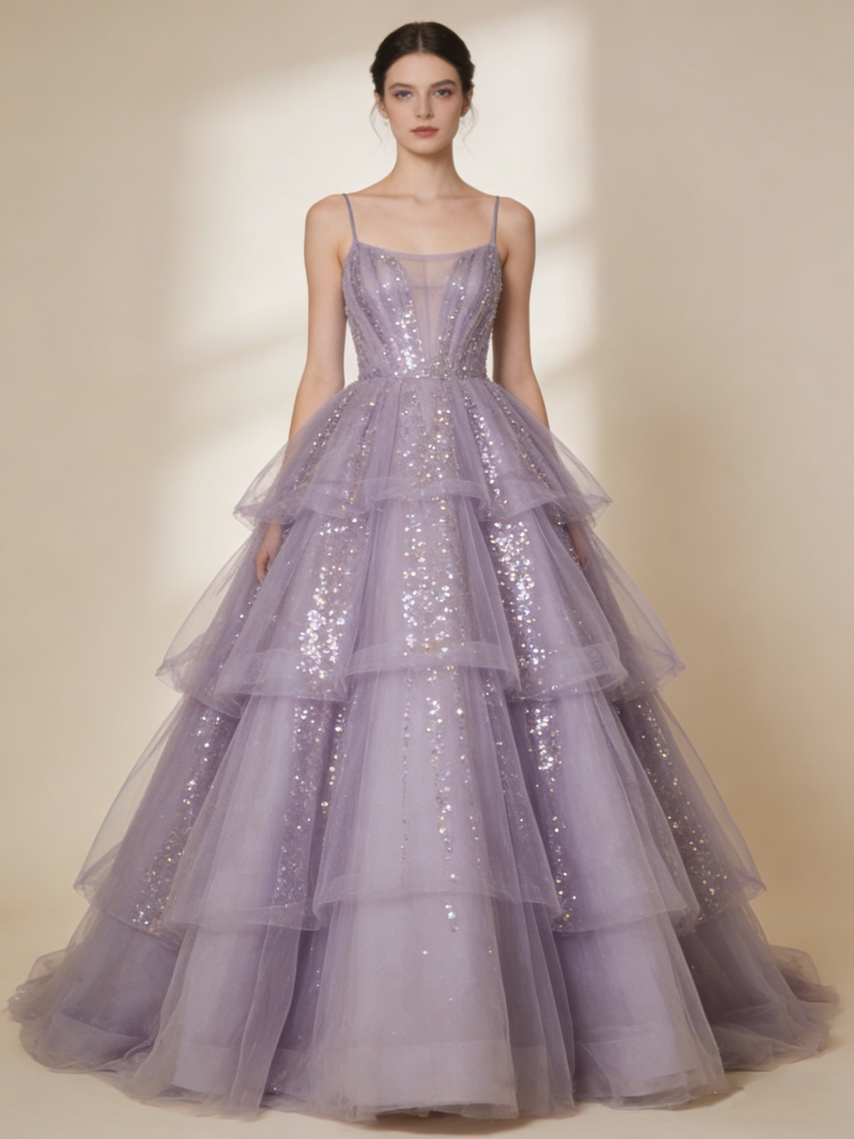 Shiny Ball Gown Purple Spaghetti Straps Pleated Tulle Prom Dresses 16th Dress Evening Gala Gown HZ0319