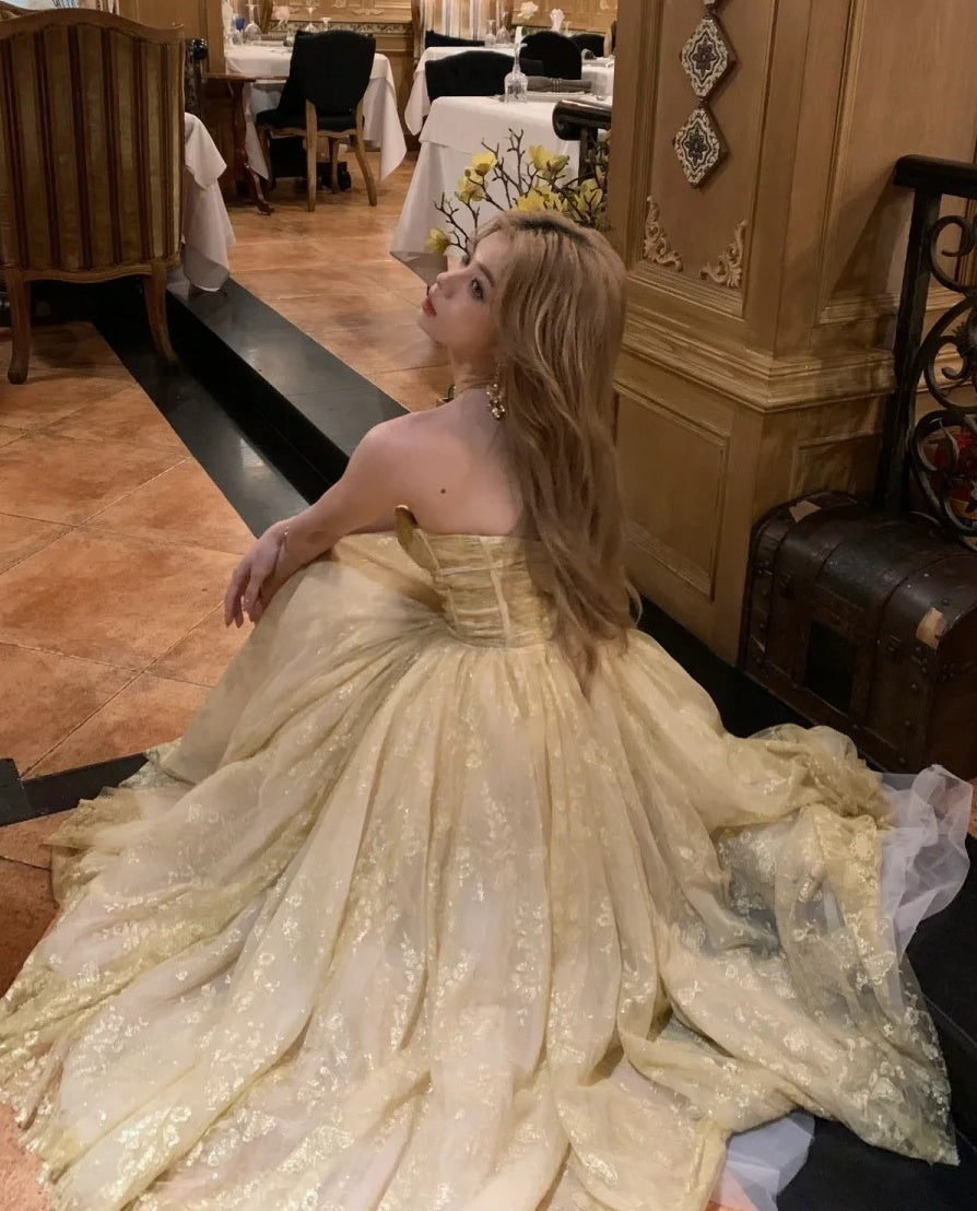 Shiny Prom Dress Sweetheart Tulle Pleated Birthday Party Outfits Gala Gown Evening Dress HZ0319