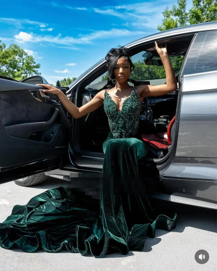 Luxurious Velvet Beaded Mermaid Party Dress,Green Long Prom Evening Gown cc2621