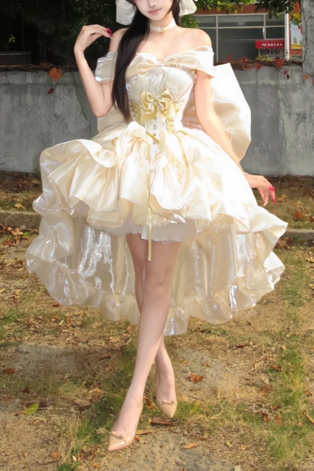 Birthday Must-Have! Pearlescent Satin Oversized Bow Gown High-Low Hem Lolita Dress gh7008
