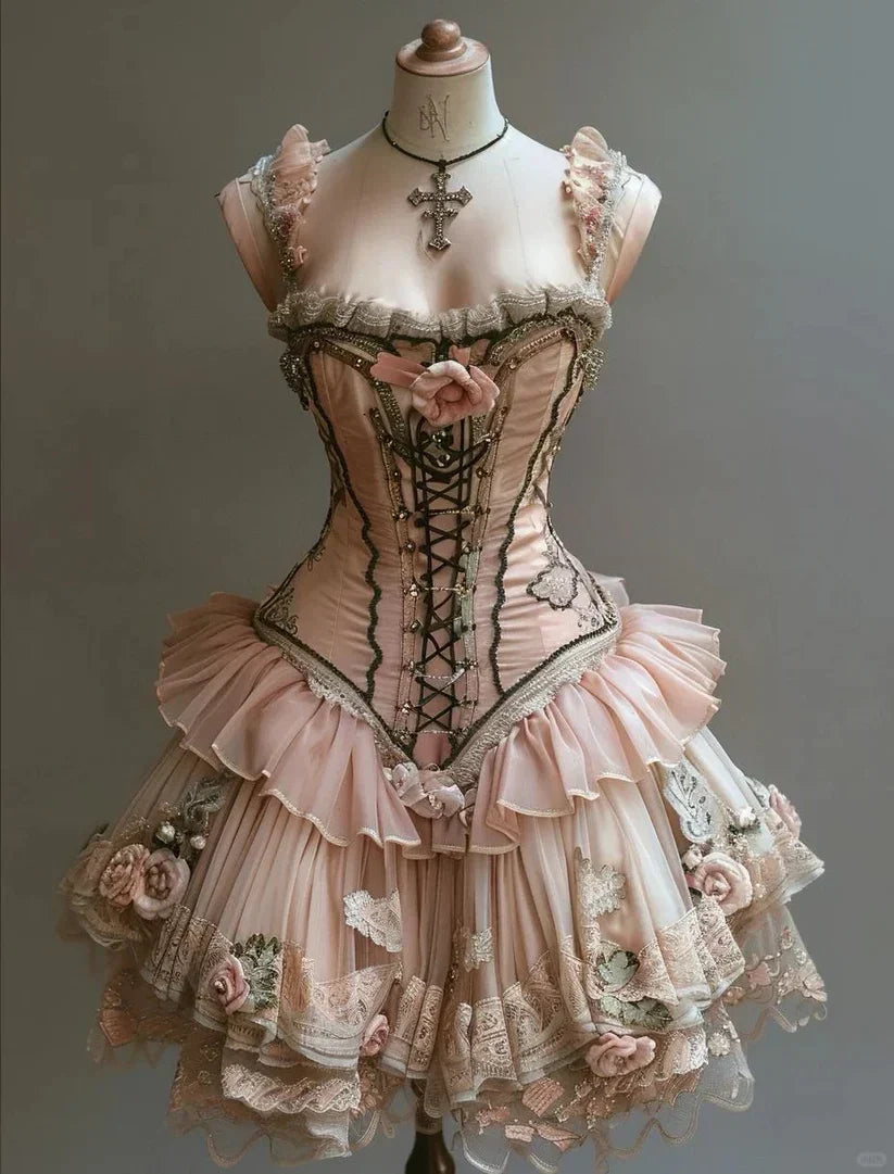 Retro 3D Floral Design Lolita Princess Dress A-line Beaded Chiffon Tiered Party Dress Homecoming Dress HZ1024