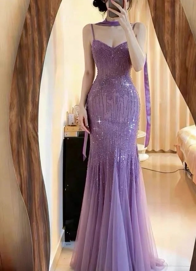 Sparkling Prom Dress Spaghetti Straps Pleated Mermaid Formal Gala Gown Graduation Outfits Evening Dress HZ0319