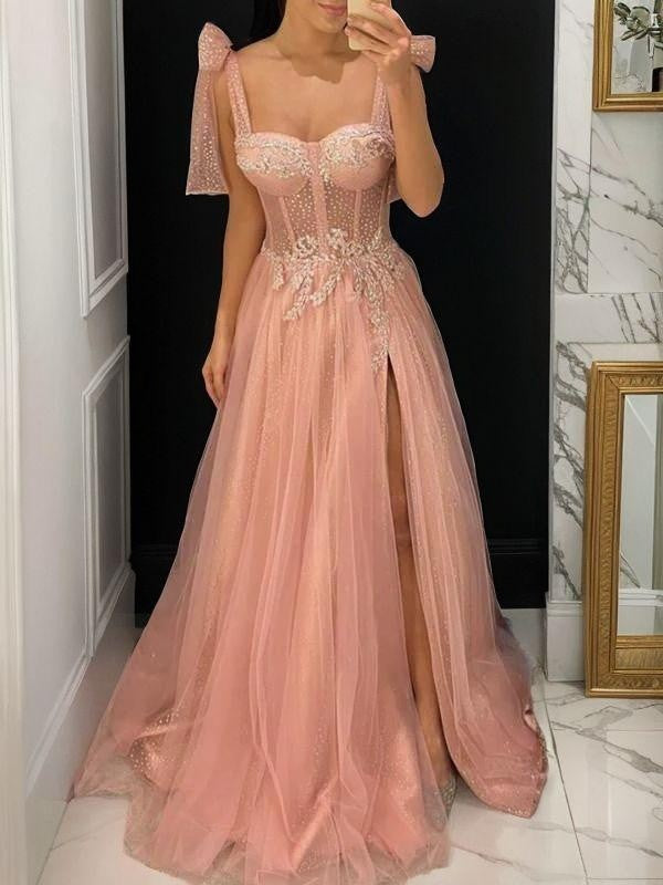 A-Line Tulle Applique Sweetheart Sleeveless Floor-Length Corset Dresses