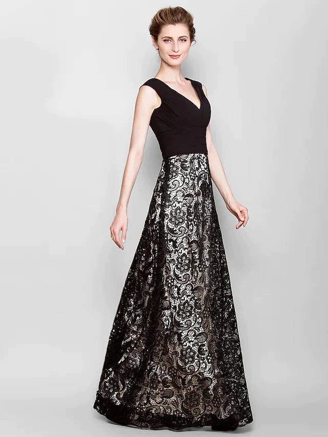 Mother of the Bride Dress Vintage Inspired V Neck Floor Length Lace Georgette Sleeveless with Criss Cross