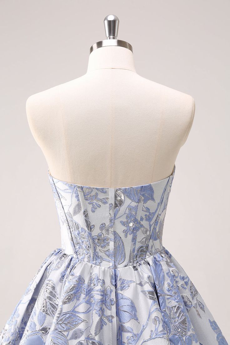 Retro Fashion Blue Corset Design Strapless Mini Party Dress Floral Homecoming Dress HZ1024