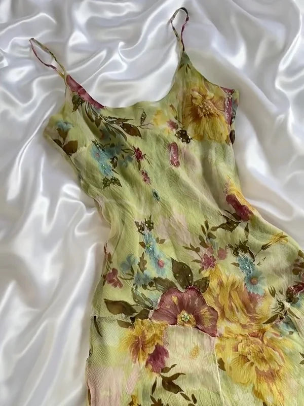 Vintage Floral Chiffon Spaghetti Strap Homecoming Dress Party Dress Cocktail Dress HZ1024