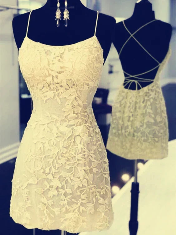 Vintage Yellow Floral Applique Spaghetti Strap Short Sheath Party Dress Cocktail Dress Homecoming Dress HZ1024