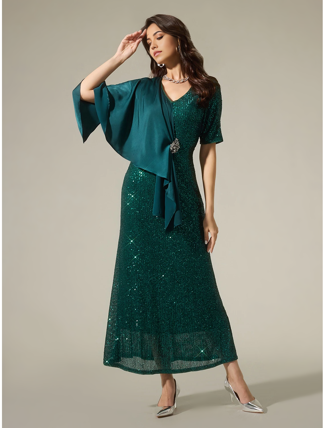 Sparkly Satin Sequin Mismatched Short Sleeve Maxi Dress Mother of the Bride Dresses